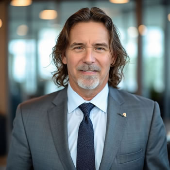Businessman in suit with long hair and beard.