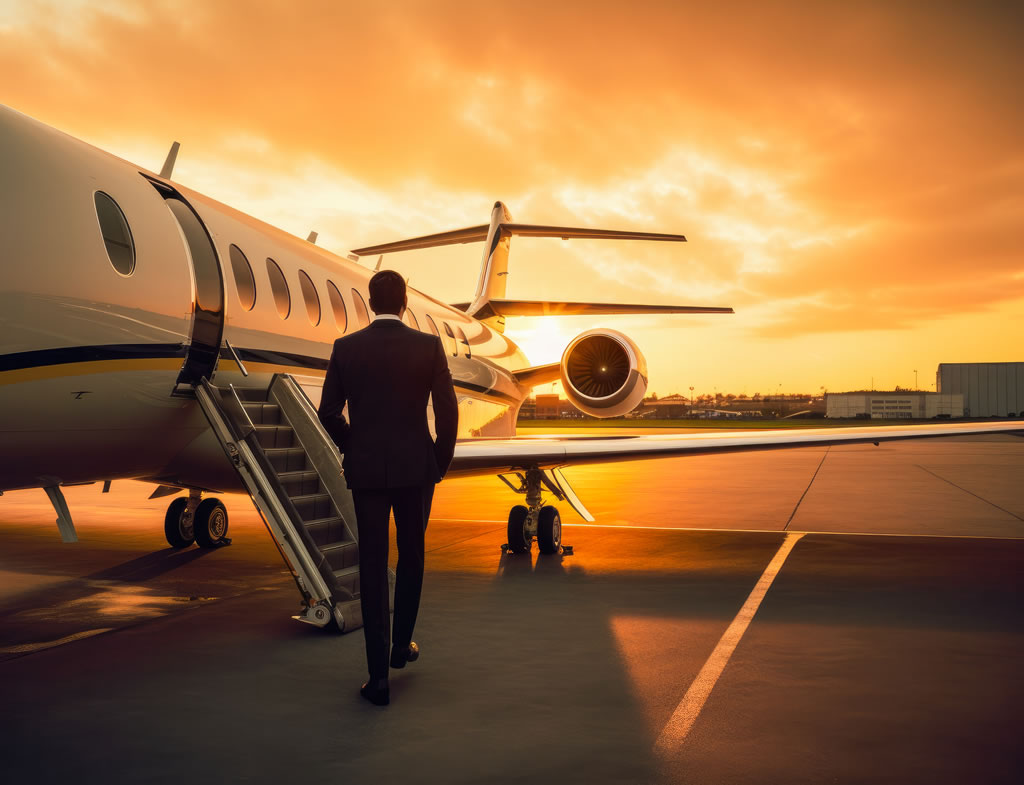 Businessman boarding private jet at sunset.