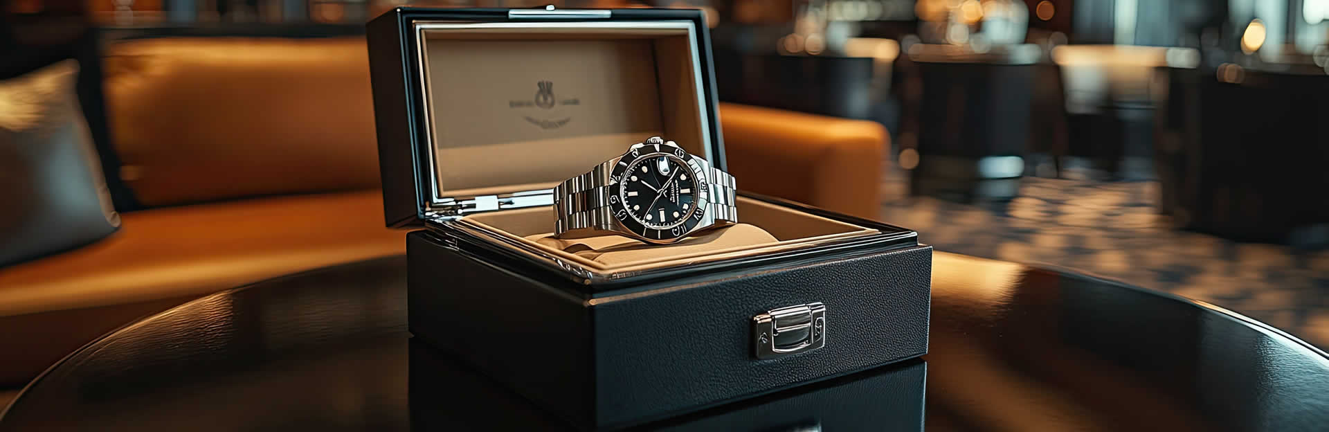 Luxury watch in display box on table.
