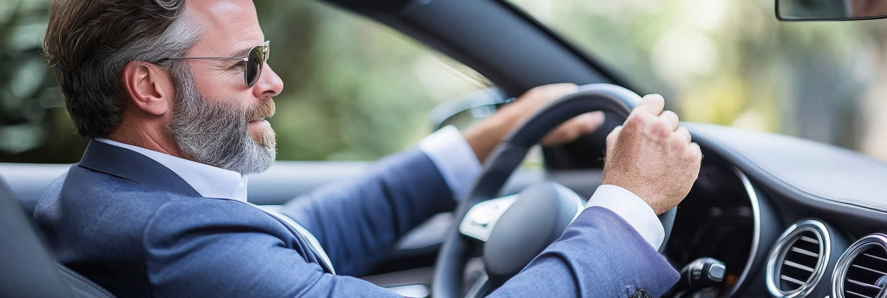 Man driving luxury car, stylish and confident.