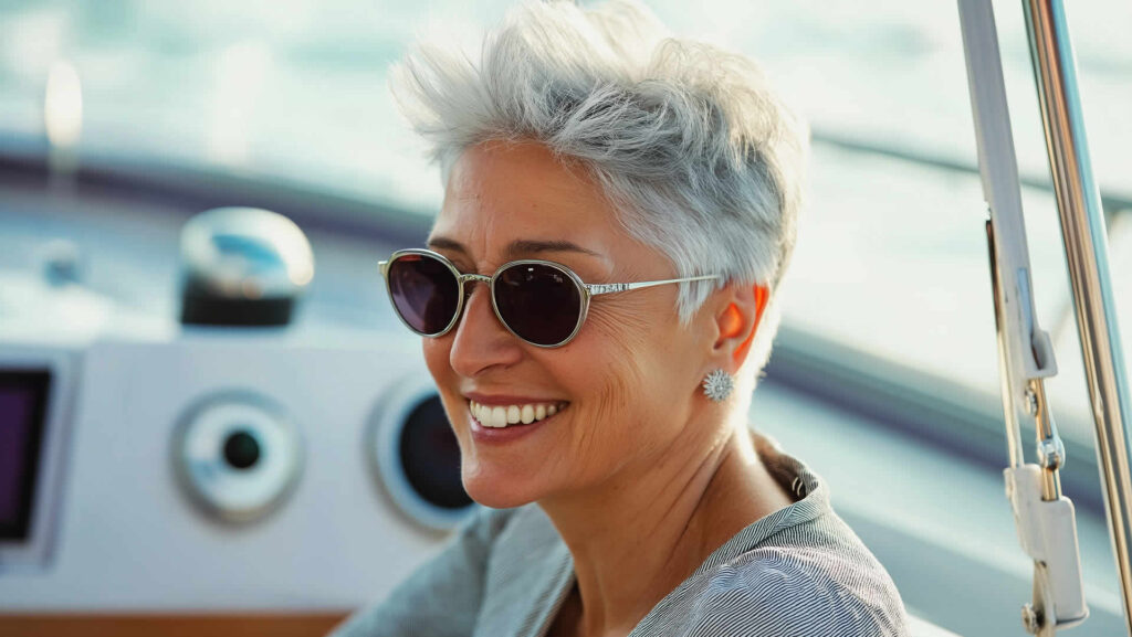 Smiling person wearing sunglasses on a boat