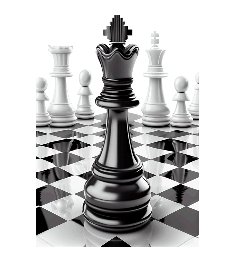 Closeup of chess pieces on a board.