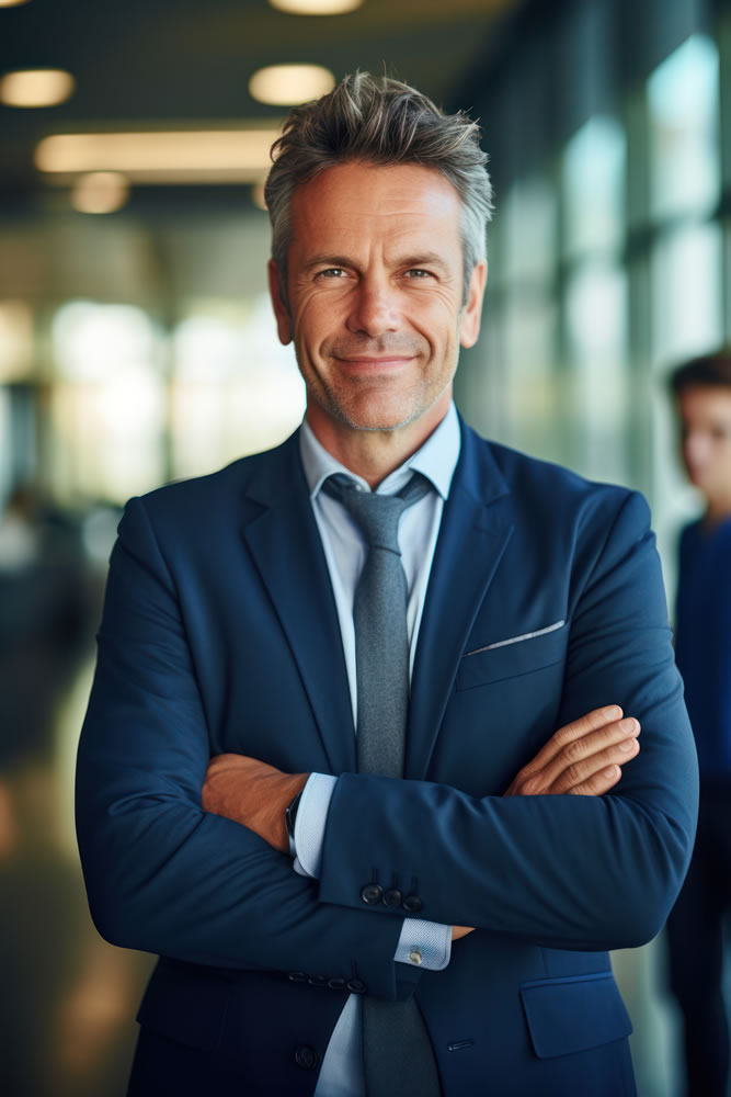 Confident man in suit with folded arms.